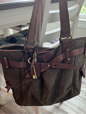 Fossil Dark Brown Canvas  Tote bag with Leather Trim